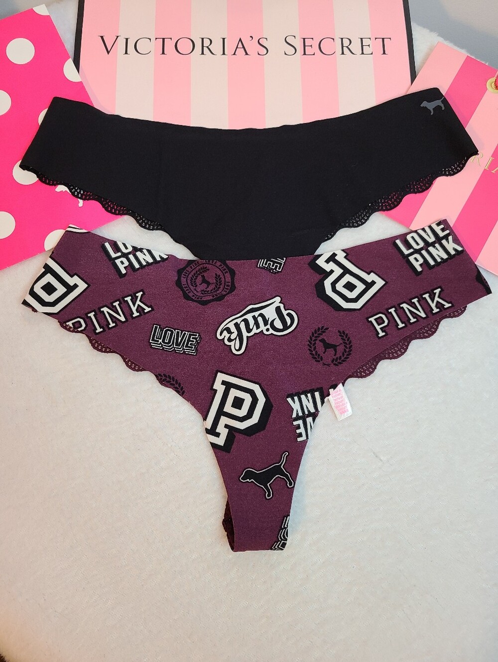 Retired VS PINK 2pk Seamless No-show Lace Back Thong Panties Size M